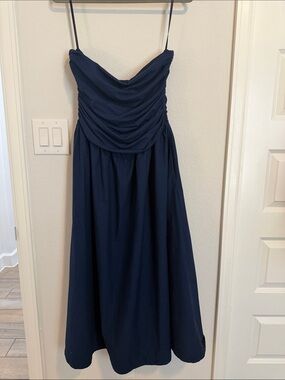 LOFT Navy Strapless Ruched Bodice Midi Dress